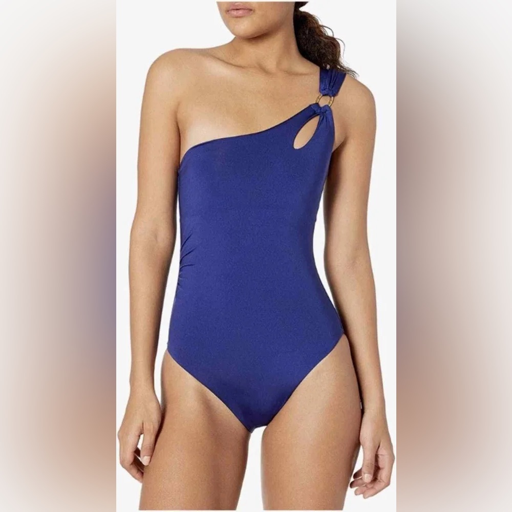 TRINA TURK Dark Blue “Away” One Shoulder One Piece Swim Suit Size 4 New Tags